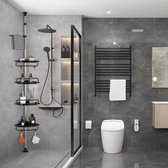 Support de douche réglable en hauteur Support de douche Geen perçage Support d'angle en acier inoxydable Support de salle de bain avec 4 paniers et 1 porte-serviettes pour bain et salle de bain Inox 95-305 cm Zwart.