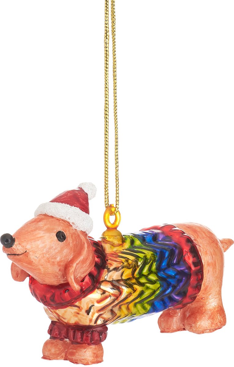 Sass & Belle Teckel met regenboogjasje kerstbal - Sass & Belle bruin