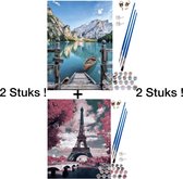2 x Schilderen Op Nummer-Berglandschap en Eiffeltoren Parijs–Paint By Number-Inclusief Verf en Penselen–Canvas Schildersdoek–Kleuren Op Nummer–40x50cm