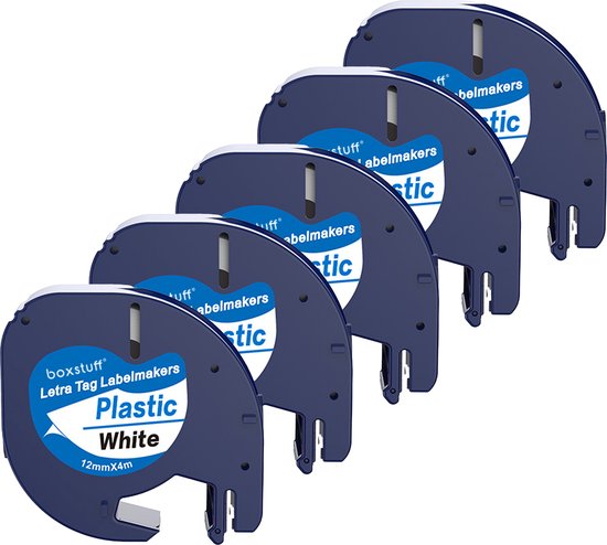 Boxstuff - Dymo LetraTag 91201 - S0721610 - Label Tape - Zwart op Wit plastic - 12 mm x 4 m - 5 Stuks