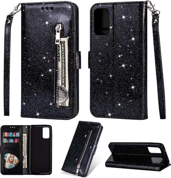 Portemonne hoesje Geschikt voor: Samsung Galaxy S20 - bling glitter Bookcase met ritsvak en kaarthoudersleuf - beschermhoesje - zwart
