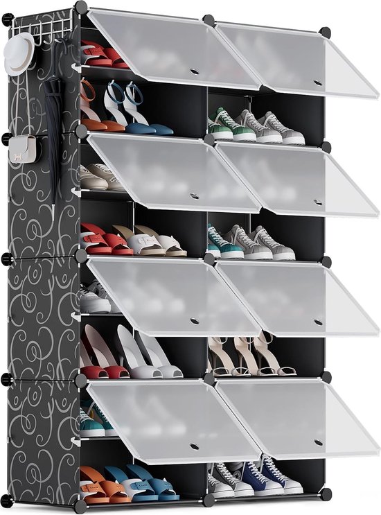 Schoenenrekken voor 32 paar schoenen, Schoenenkast met 2 x 8 niveaus, Stofdicht schoenenrek, Schoenenopslag voor gang, slaapkamer, kledingkast, entreegebied - Zwart