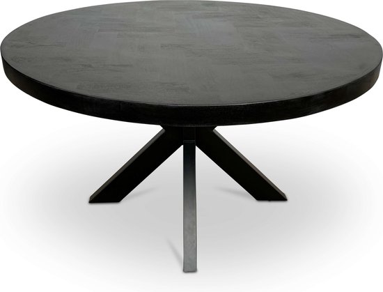 Combi Meubles - Table à manger - 120cm x 120cm - Bois de manguier - Chevrons - Rond - Zwart - Pied croisé