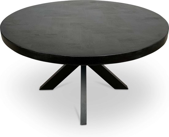 Combi Meubles - Table à manger - 150cm x 150cm - Bois de manguier - Chevrons - Rond - Zwart - Pied croisé