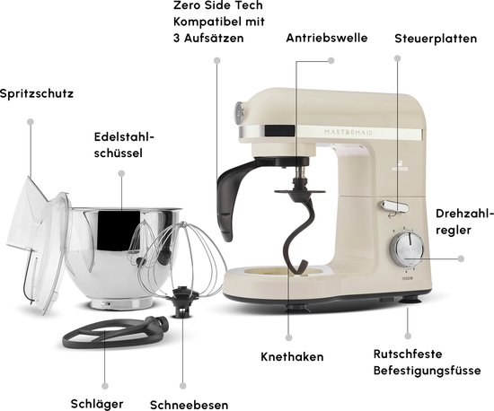 Karaca Mastermaid Chef Pro Dubbelarmige Keukenchef 1500W Zachte Room, Glanzende Room, 1500W, 5 L Mixer, Keukenmachine, Snelheidsinstelling, Deeghaak, Kloppen, Kneden en mengen van Karaca — afbeelding 3
