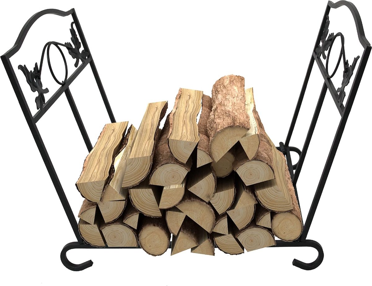 Houtopslagrek Binnenshuis Houtopslagrek Houtopslagstandaard 54 x 31 x 38 cm Houten Plank Bestek Houtopslagrek Buitenshuis Smeedijzer voor Houtkachel Houtdrager Zwart