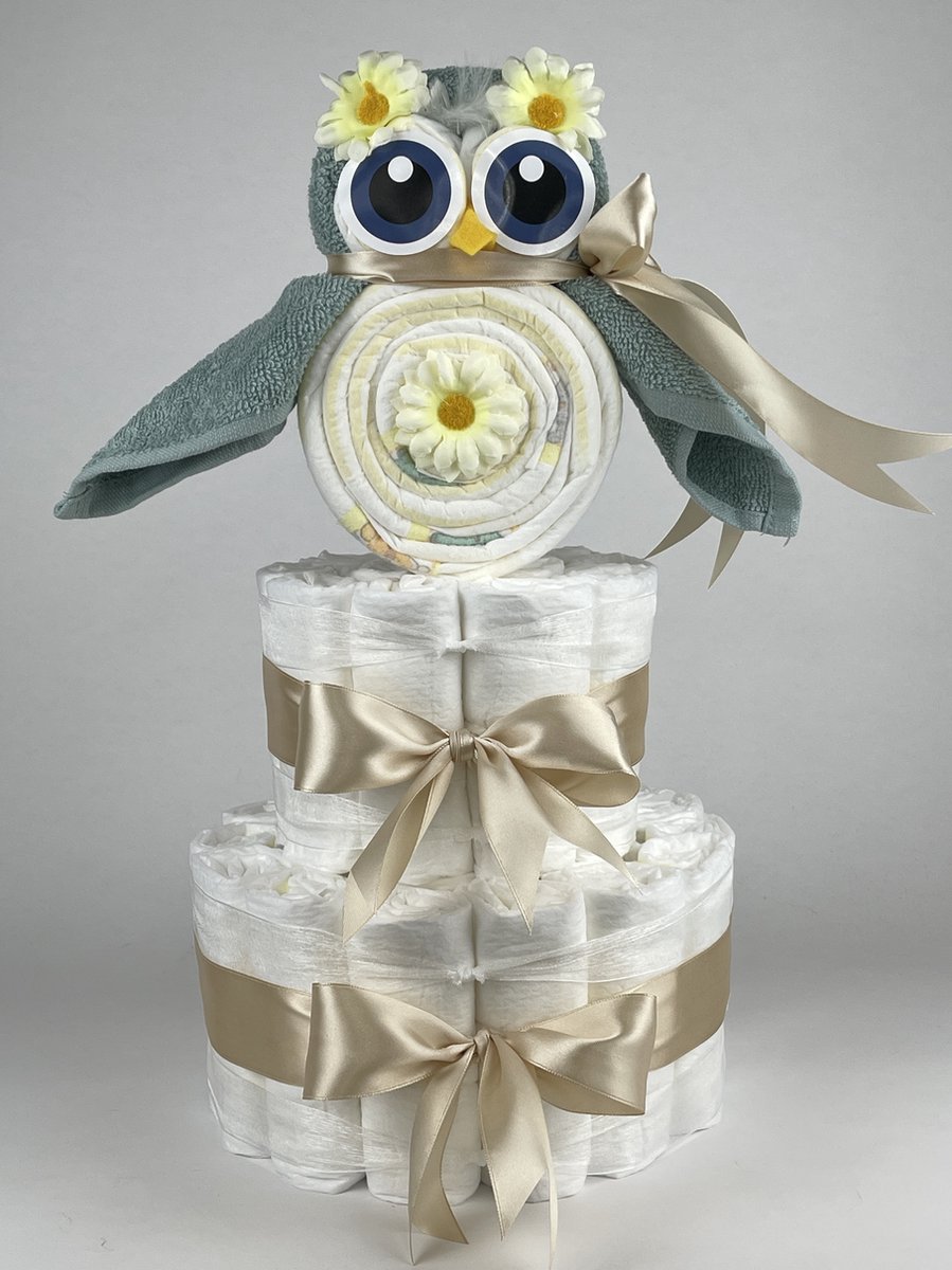 Goedkoopste Chouette-Chouette | Luiertaart Neutraal | Kraamcadeau | Geboorte Jongen Meisje | Babyshower | Uil Stone groen - Beige