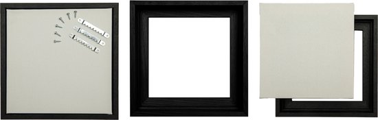 Drieluik; 3 houten baklijsten zwart met katoenen doek 18 x 24 cm