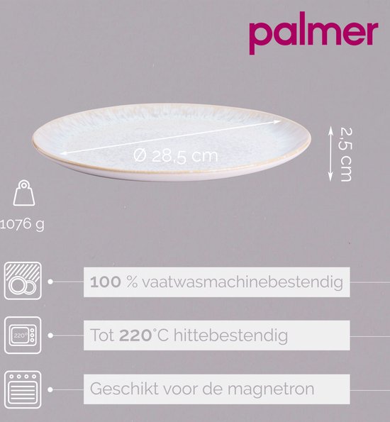 Specificaties van Palmer bord: 28,5 cm diameter, 1076 gram, vaatwasser- en magnetronbestendig, hittebestendig tot 220°C.