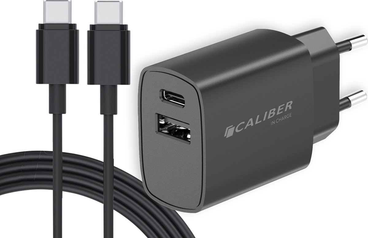 USB C Oplader - 20W snellader - 1.5 meter Oplaadkabel en USB C Adapter - Geschikt voor Samsung - Geschikt voor Apple iPhone 15 - Zwart (PSPQ-20CCB) - Caliber