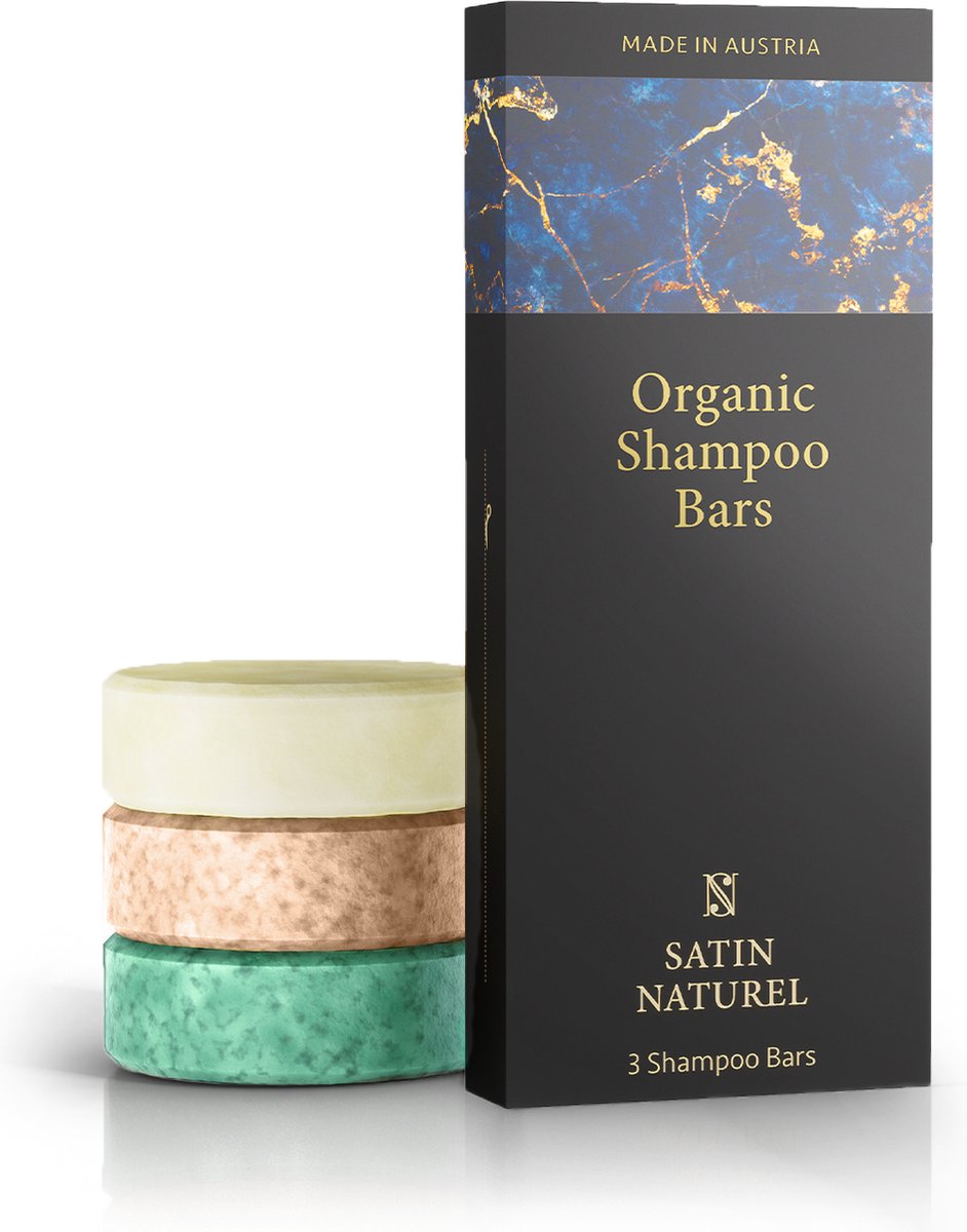 Satin Naturel Shampoo Bar voordeelverpakking - Shampoobar met Arganolie en Aloe Vera, Vegan Shampoo voor vet haar en andere haartypes, Bio ingrediënten voor Sterk en Glanzend haar, tot 40 wasbeurten, 3 shampoo bars van elk 60 g