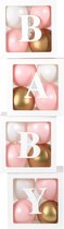 Vier doorzichtig letter ballon blokken Baby wit met 24 roze, gouden en witte ballonnen - ballon - blok - box - baby - geboorte