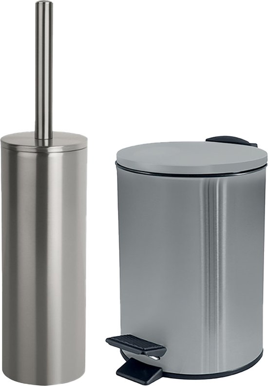 Spirella Badkamer/toilet accessoires set - WC-borstel en pedaalemmer 3L - metaal - zilver
