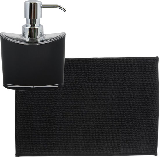 MSV badkamer droogloop mat/tapijtje - 40 x 60 cm - en zelfde kleur zeeppompje 260 ml - zwart
