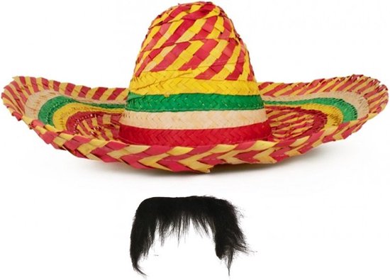 Carnaval verkleed set - Mexicaanse sombrero hoed met plaksnor - gekleurd - heren