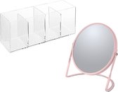 Spirella Make-up organizer en spiegel set - 4 vakjes - plastic/metaal - 5x zoom spiegel - roze/transparant