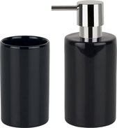Spirella Badkamer accessoires set - zeeppompje/beker - porselein - zwart - Luxe uitstraling