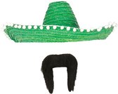 Carnaval verkleed set - Mexicaanse sombrero hoed dia 50 cm met plaksnor - groen - heren