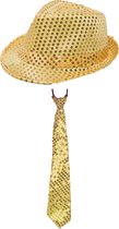 Carnaval verkleed set - hoedje en stropdas - goud - volwassenen - glitters