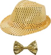 Toppers - Carnaval verkleed set - hoedje en vlinderstrikje - goud - volwassenen - glitters
