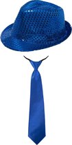Toppers in concert - Carnaval verkleed set - hoedje en stropdas - blauw - volwassenen - glitters