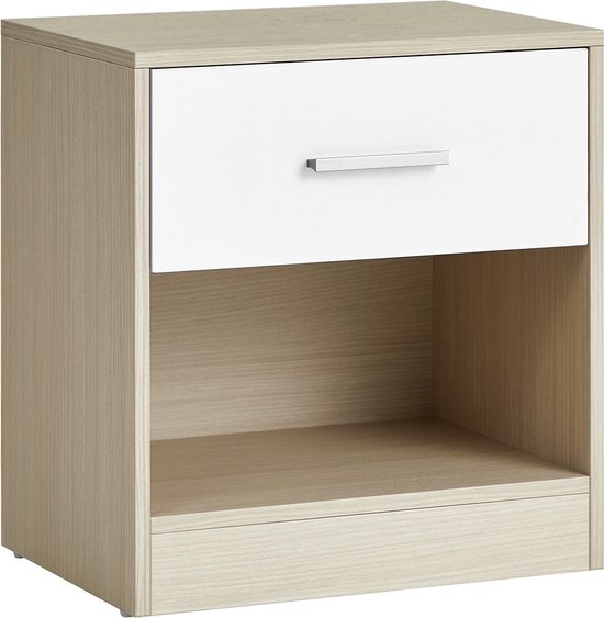 VASAGLE Nachttafel, set van 2, bijzettafel, met lade, handvat, open vak, salontafel, voor slaapkamer, woonkamer, natuurlijk beige en klassiek wit LET819T67