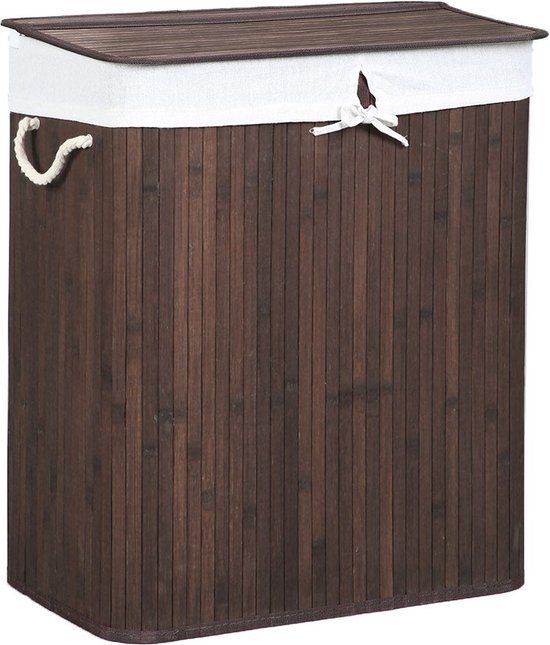 SONGMICS Wasmand met 3 vakken, wasmand van bamboe, inhoud 150 l, met plank, zijvakken, 3 x 50 l, 94 x 33 x 78 cm, crèmewit RLH115W01