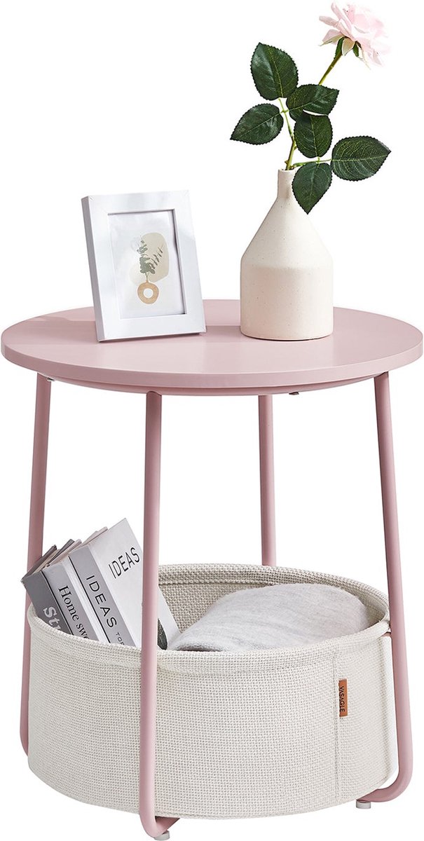 Vasagle VASAGLELET223R61 Bijzettafel rond kleine tafel salontafel klein woonkamertafel met stoffen mand opbergruimte voor woonkamer slaapkamer nachtkastje modern Pastelroze wolkenwit 45 x 45 x 50 cm Pastelroze + troebel wit