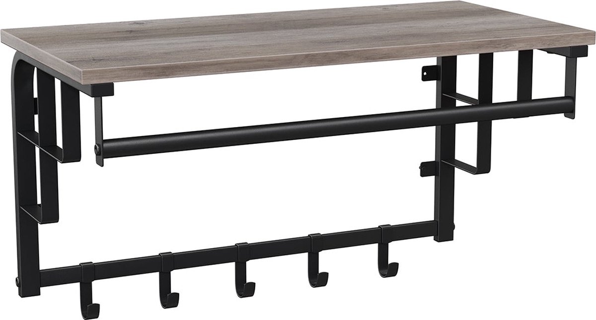 Vasagle - wandgarderobe met plank - 6 haken - 66 x 30 x 27 cm - hout met metaal - zwart emt grijs/bruin