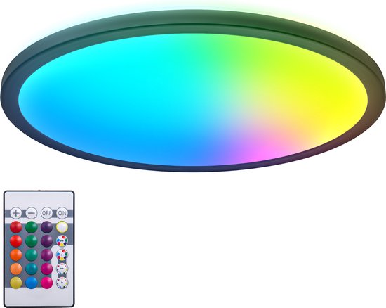 BK Licht - Plafonnier LED RGB - noir - dimmable - à lumière indirecte - avec télécommande - Ø42cm