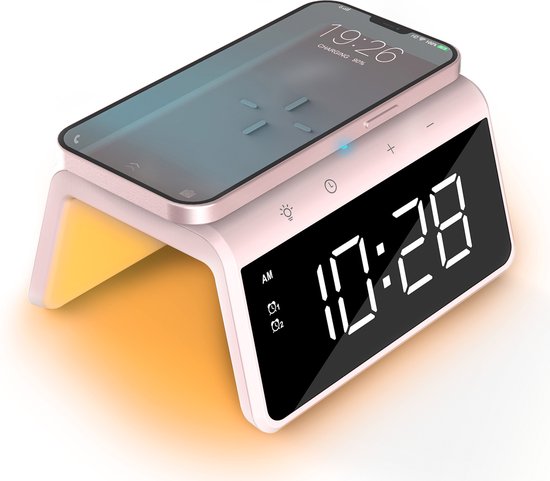 Caliber Digitale Wekker - Wekker met Draadloze Oplader - Wake Up Light - Digitale Klok - Dimbaar - Twee Alarmen - geschikt als kinderwekker - Nachtlamp - Kleur Roze (HCG019QI-PI)