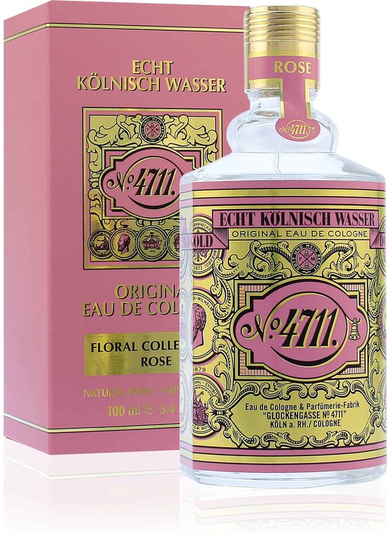 Fles en doos 4711 Eau de Cologne Floral Collection Rose 100 ml in roze en goud.