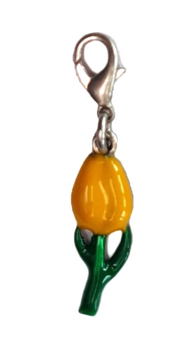 clip met hollandse bedel verzilverd tulpje geel, voor bedelarmband of tas.