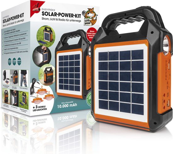 Easymaxx Zonnegenerator kit met eigen zonnepaneel, radio en luidspreker, 10000mAh zwart/oranje - EasyMaxx