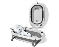 OVIRA - Babybadje 3 in 1 opvouwbaar - Peuterbadje - Opvouwbaar - Inc. baby bad set kussen - 79CM lang - Creme wit - Digitale thermometer babybad - 0 tot 3 jaar - grijs