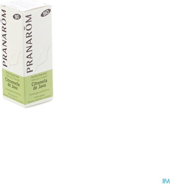 Groene en witte verpakking met Pranamom logo. De verpakking toont "Citronnelle de Java" en "Aceite Esencial".