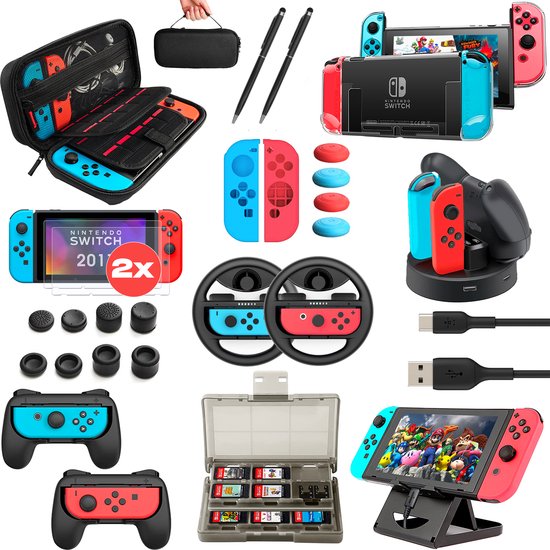 Lenx Accessoires Set geschikt voor Nintendo Switch - 31-in-1 Set - Case - Beschermhoes - Opbergtas - Screenprotector - Joy Con Grips - Stuur - Wheels - Oplaadstation - Game Card Box - Cadeautip