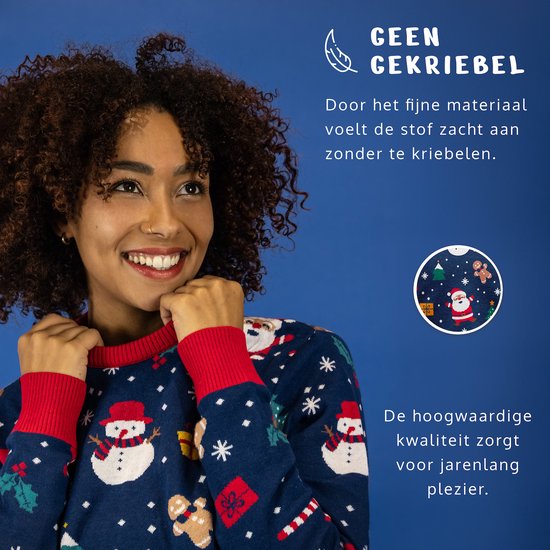 JAP Christmas Kersttrui (maat L) - 100% Gerecycled - Kriebelt niet - Kerstcadeau volwassenen - Foute Kersttrui dames en heren - Christmas tale - Donker blauw