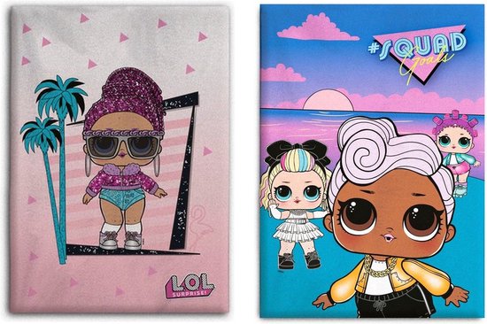 Set van twee L.O.L. Surprise plaids: een met een pop voor palmbomen en een met drie poppen bij zonsondergang.