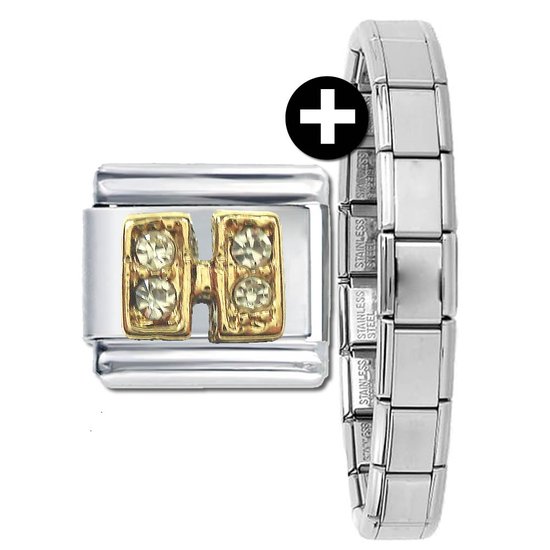 Schakel - Bedel - Letter H - Plus Armband - met strass - 9mm- Passend op Nomination armband - Plated