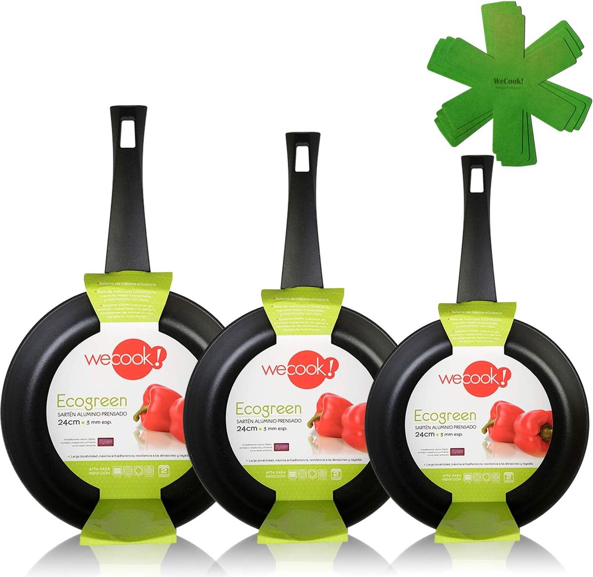 Ecogreen pannenset, 3-delig, 18-22-26 cm, aluminium, inductie, milieuvriendelijke antiaanbaklaag, vaatwasmachinebestendig, geschikt voor alle soorten fornuizen, keramische kookplaat, gas