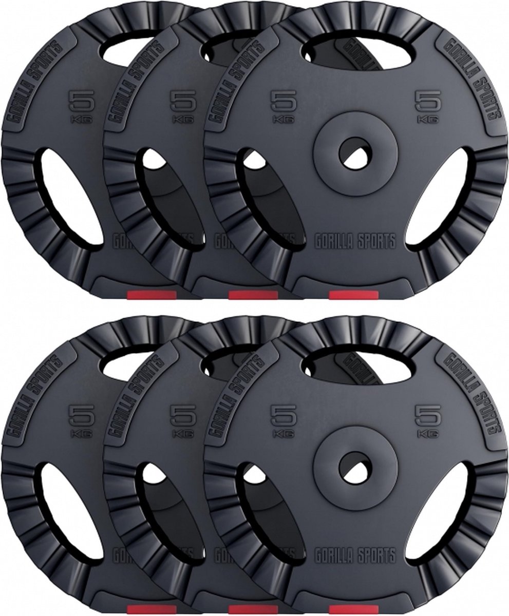 Gorilla Sports Halterschijven Set 30 kg Gripper Kunststof - 30 mm - 6x5 kg - GewichtenVoordeelbundel 30 kg - Halterschijven Gripper Kunststof - 6 x 5 kg