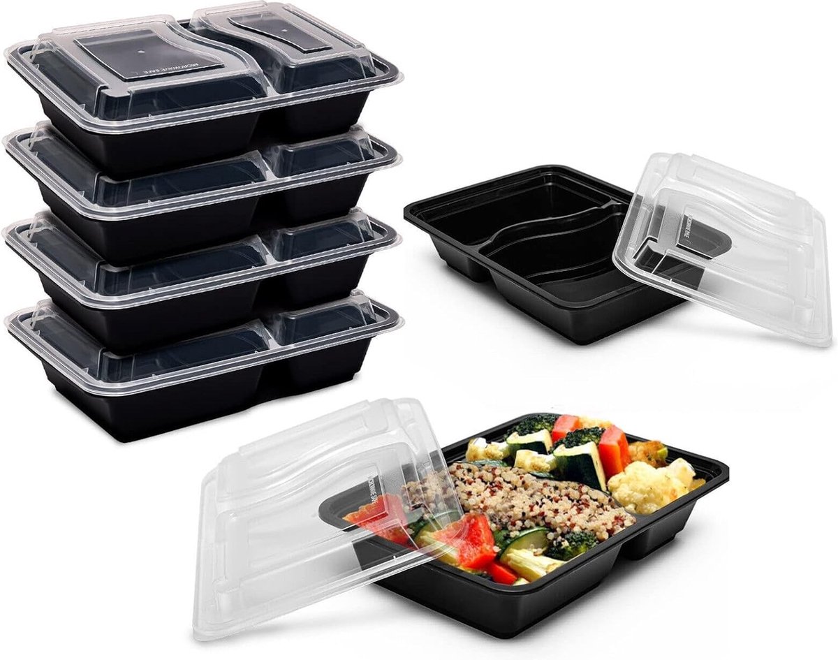 FUZON Plastic maaltijdbereidingscontainers met 2 compartimenten - Herbruikbare BPA-vrije voedselcontainers met luchtdichte deksels - Magnetronbestendig, vriezer en vaatwasserbestendig. (10 Stuks per verpakking, 946ML)