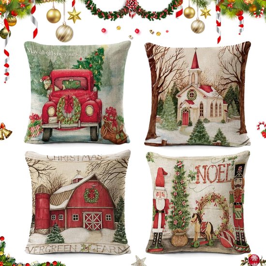 Kerstmis kussensloop 4 stuks, Christmas Cushion Covers, decoratieve kussensloop Kerstmis, kussensloop Vrolijk Kerstmis Decoratief, kerstboom rendier kussenslopen (stijl 5)