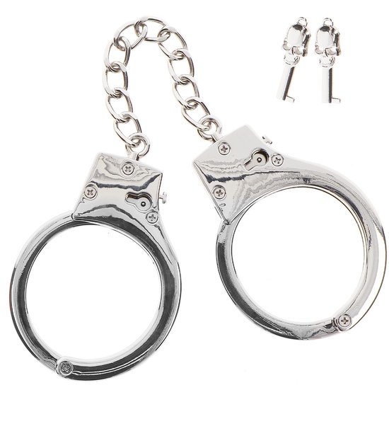 Zilverkleurige handboeien met schakelketting en twee sleutels met schedeldesign.