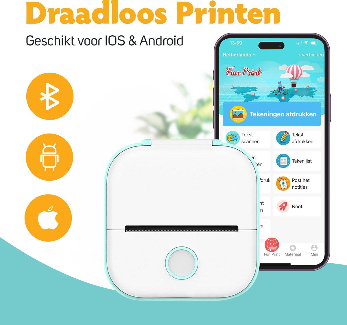 Pora&Co - Mini Fotoprinter Voor Smartphone - Incl. App & 1 Rol Fotopapier - Pocket printer - Mobiele fotoprinter - Mini printer - Sticker printer - Draadloos - Groen — afbeelding 3