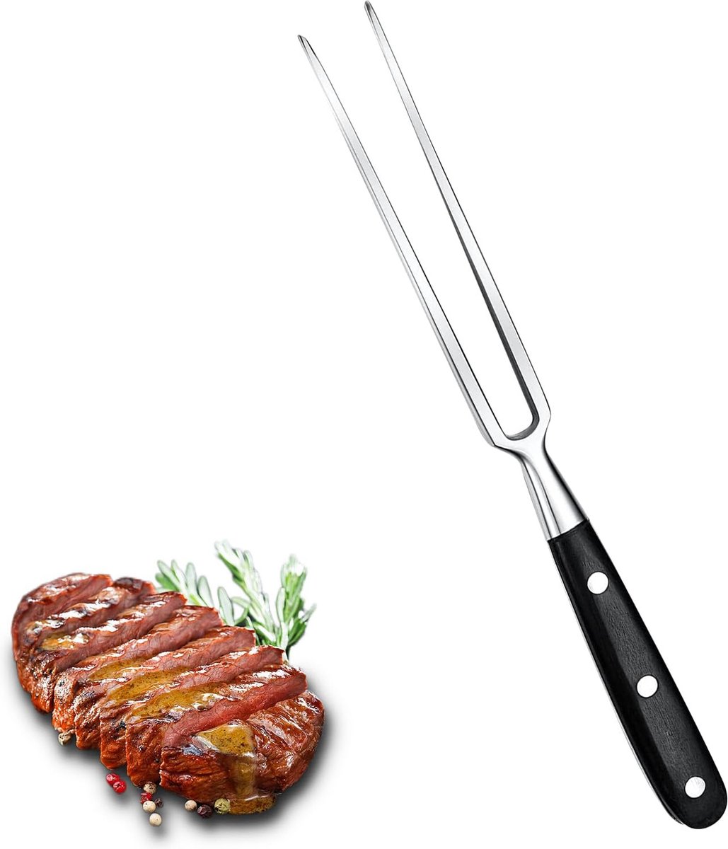Vleesvork roestvrijstalen grillvork met houten handvat 30 cm trancheervork recht onbuigzaam 16 cm lemmetlengte grillvorken hard roestvrij vleesvork groot met zwart houten handvat