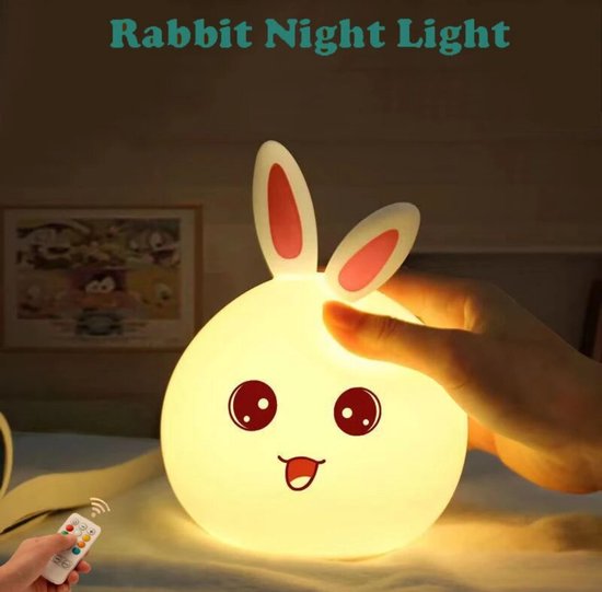 Nachtlampje - Siliconen - LED - Baby - Kind - Konijntje - Verschillende kleuren licht - Met Afstandsbediening - USB Opladen - Dimbaar - 15,5 x 12 x 10 cm - Veilig - Kraamkado - Kado Tip - Rabbit Silicone Lamp