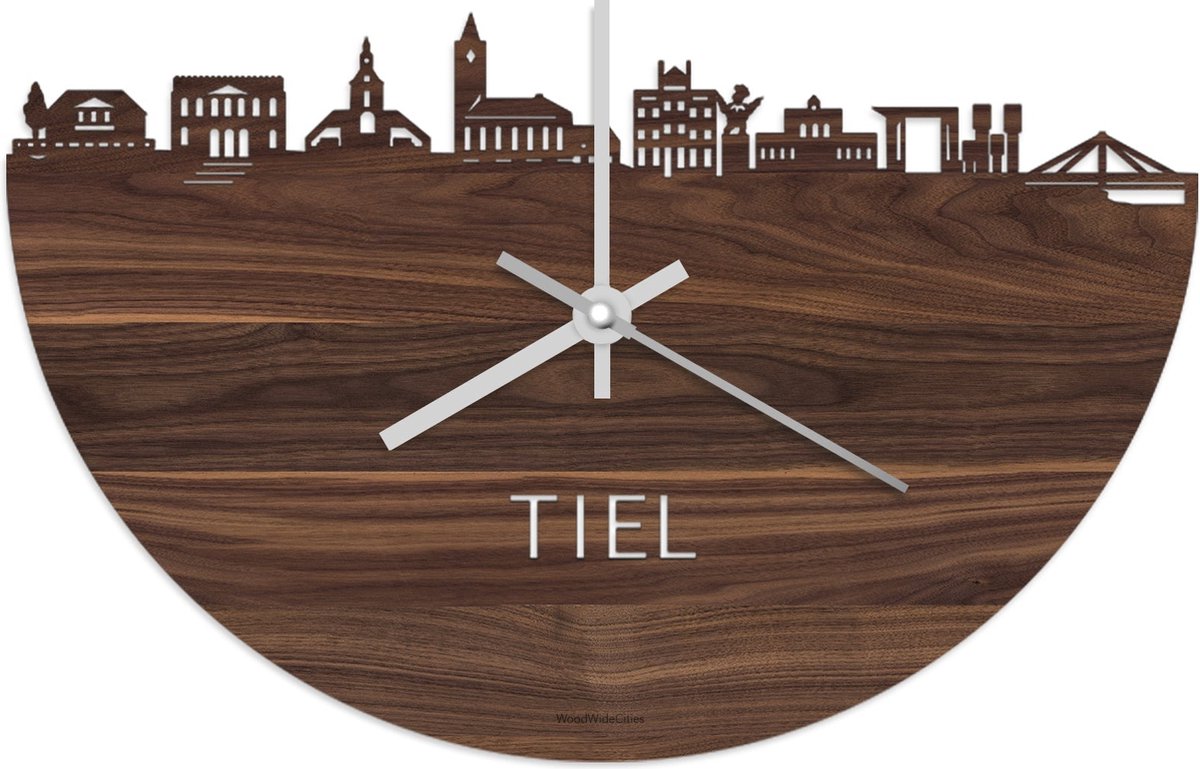 Skyline Klok Tiel Notenhout - Ø 40 cm - Stil uurwerk - Wanddecoratie - Meer steden beschikbaar - Woonkamer idee - Woondecoratie - City Art - Steden kunst - Cadeau voor hem - Cadeau voor haar - Jubileum - Trouwerij - Housewarming - WoodWideCities