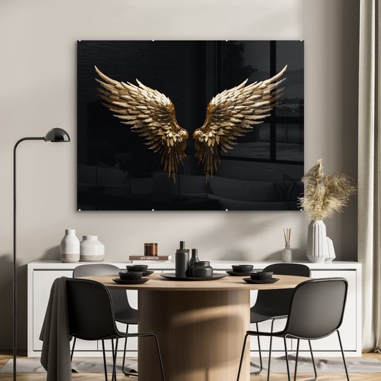 MuchoWow® Glasschilderij 120x90 cm - Schilderij acrylglas - Vleugels - Engel - Goud - Zwart - Abstract - Foto op glas - Muurdecoratie woonkamer - Wanddecoratie slaapkamer - Schilderijen